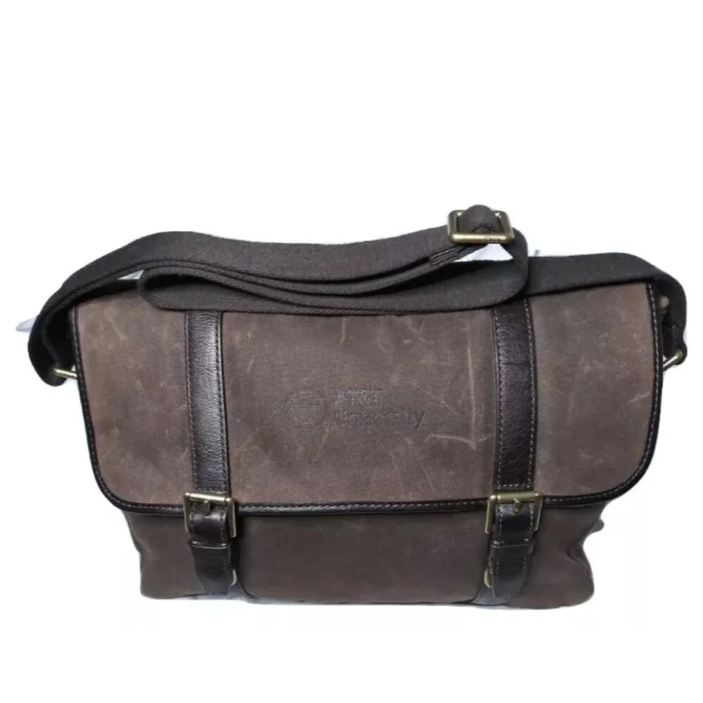 Fossil Mens Messenger Bag Canvas & Leather Laptop Bag 'AT&T University' Logo